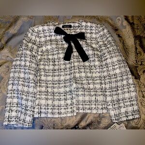 NEW Nine West Cropped Plaid/Tweed Open Front Bow Jacket